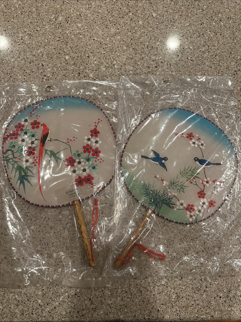 Set of 2 Vintage Silk Chinese Hand Fans with Bird and Floral Motif